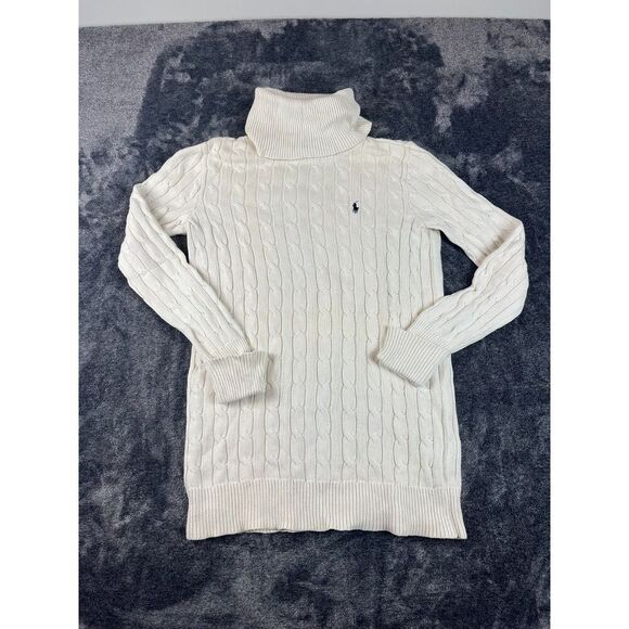 Vtg Ralph Lauren Sport Cable Knit Turtleneck Sweater Dress White Pony M Cuffed - Picture 1 of 11